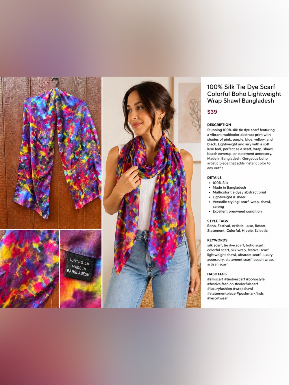 100% Silk Tie Dye Scarf Colorful Boho Lightweight Wrap Shawl Bangladesh